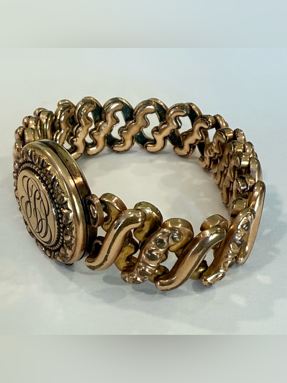 Vintage Rolled Gold Expansion Bracelet Photo Locket Monogram Victorian Style - Picture 2 of 16
